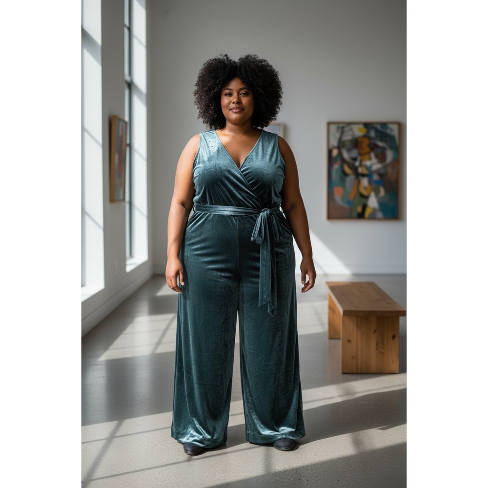 Universal Standard Velvet Wide Leg Jumpsuit Sleeveless‎ Tie Back Teal 4XL NWT